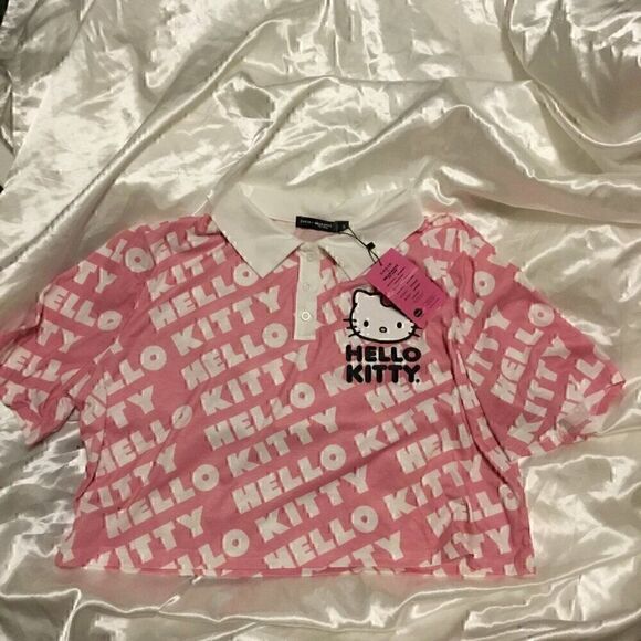 Hello Kitty Pink White Button Up Cropped Polo Short Sleeve Monogram Shirt 1XL - Picture 4 of 6
